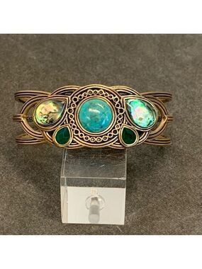 Barse Bronze metal Genuine Turquoise Abalone and green onyx bangle bracelet